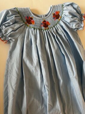 Petit Bebe Smocked Bishop Dress, Thanksgiving Turkey, Blue/White Gingham, 2T